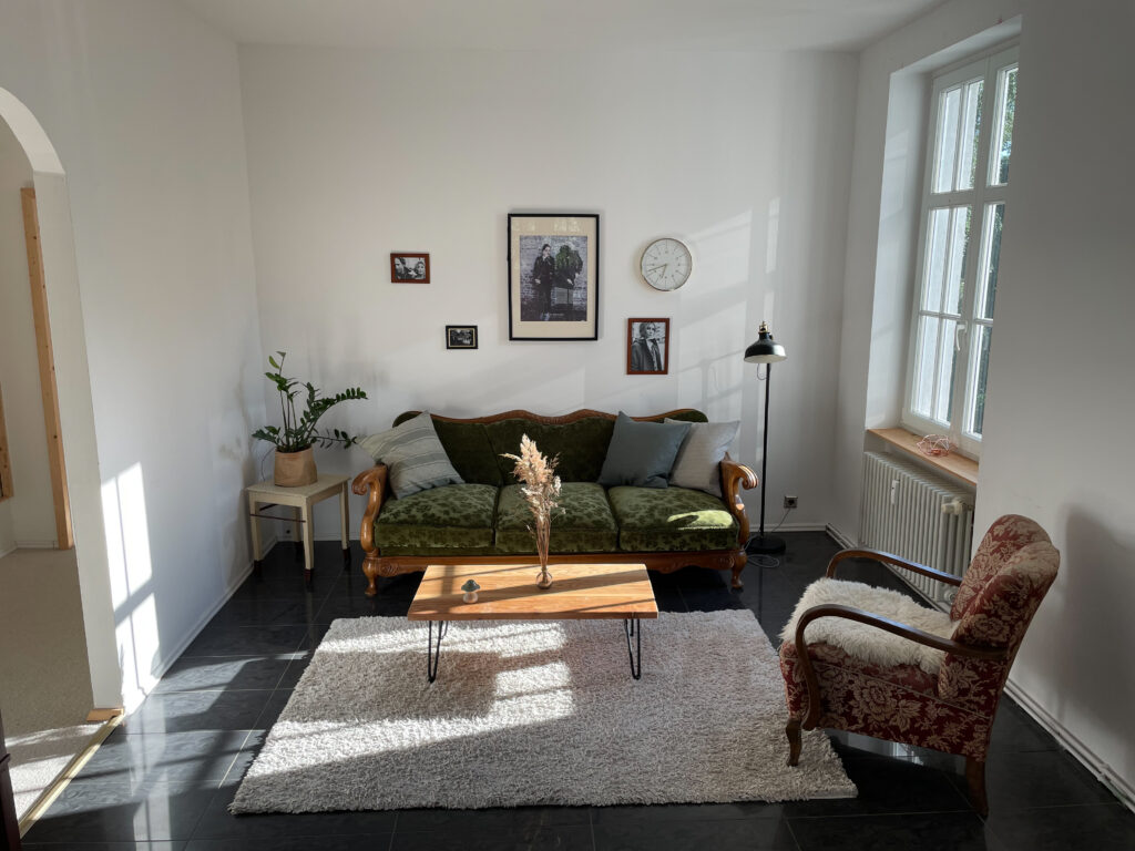 a living room with a couch and a coffee table