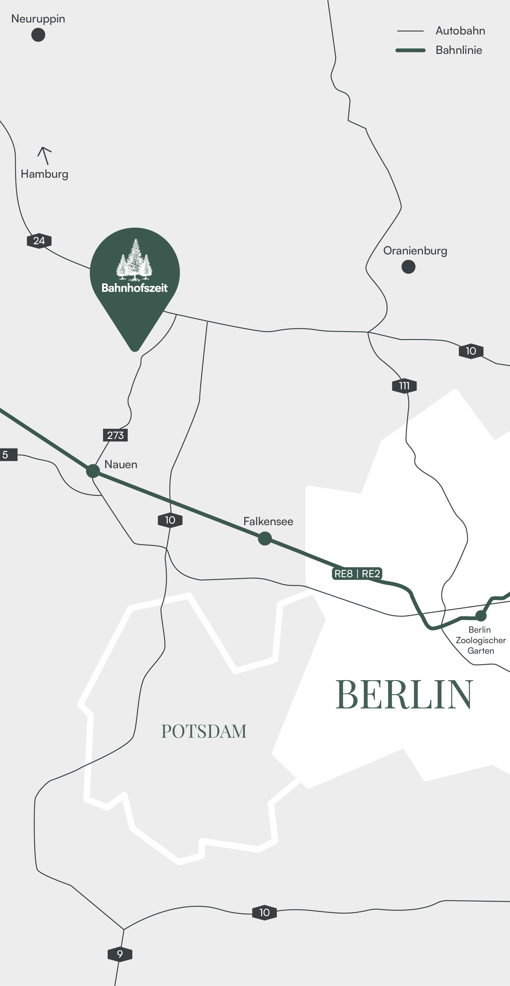 Anfahrtsskizze zur Offsite-Location Bahnhofszeit bei Nauen in Brandenburg, dargestellt mit den Bahnlinien RE8 und RE2 aus Berlin sowie Autobahnverbindungen.