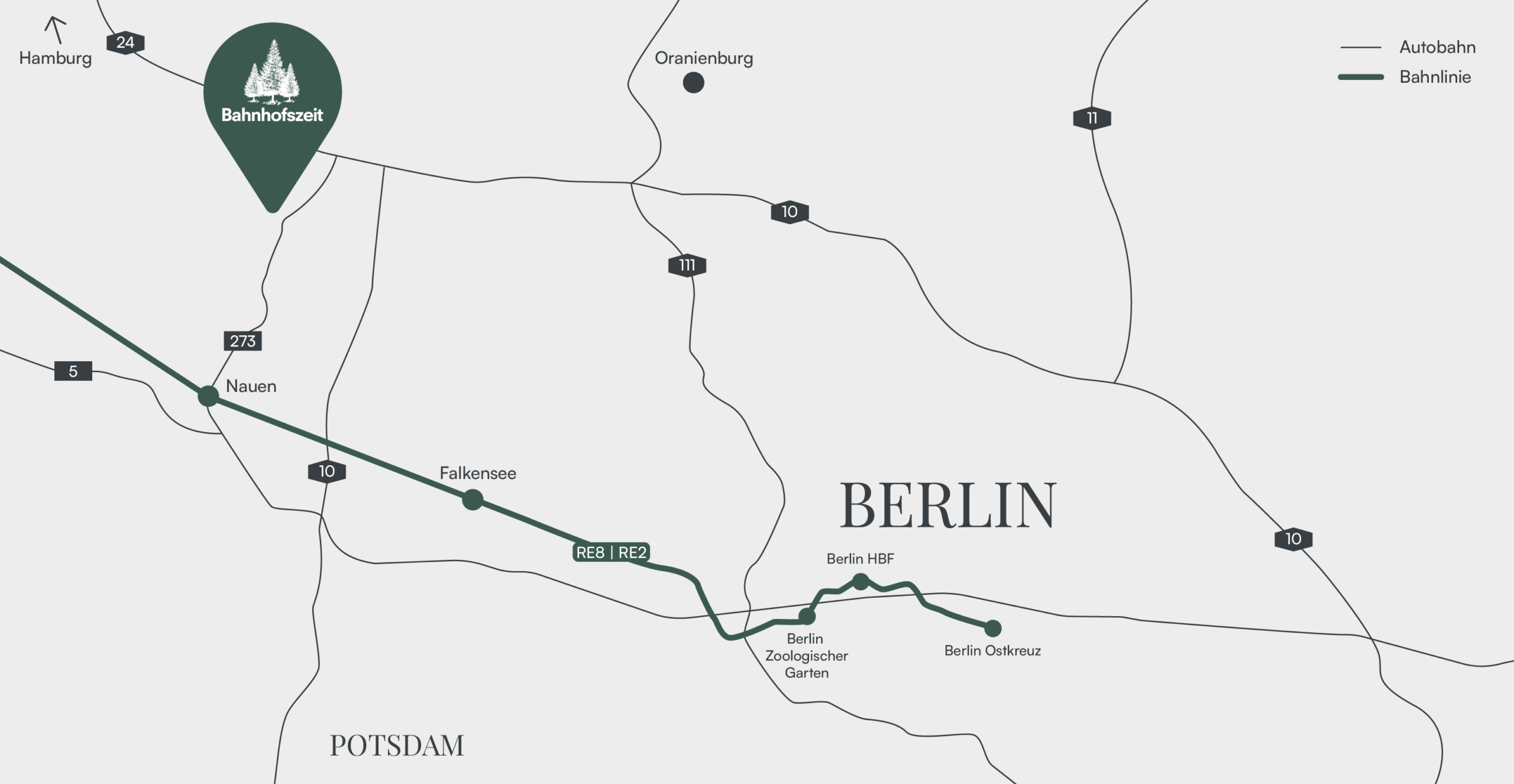 Anfahrtsskizze zur Offsite-Location Bahnhofszeit bei Nauen in Brandenburg, dargestellt mit den Bahnlinien RE8 und RE2 aus Berlin sowie Autobahnverbindungen.