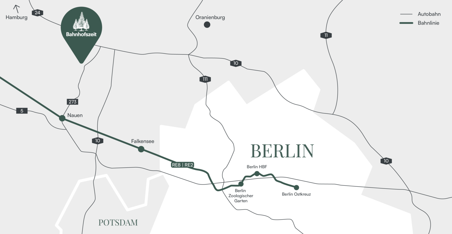 Anfahrtsskizze zur Offsite-Location Bahnhofszeit bei Nauen in Brandenburg, dargestellt mit den Bahnlinien RE8 und RE2 aus Berlin sowie Autobahnverbindungen.